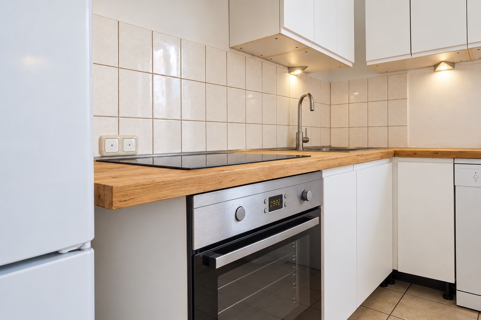 A kitchen with white cabinets, a wooden countertop, a stainless steel range hood, and a built-in oven.