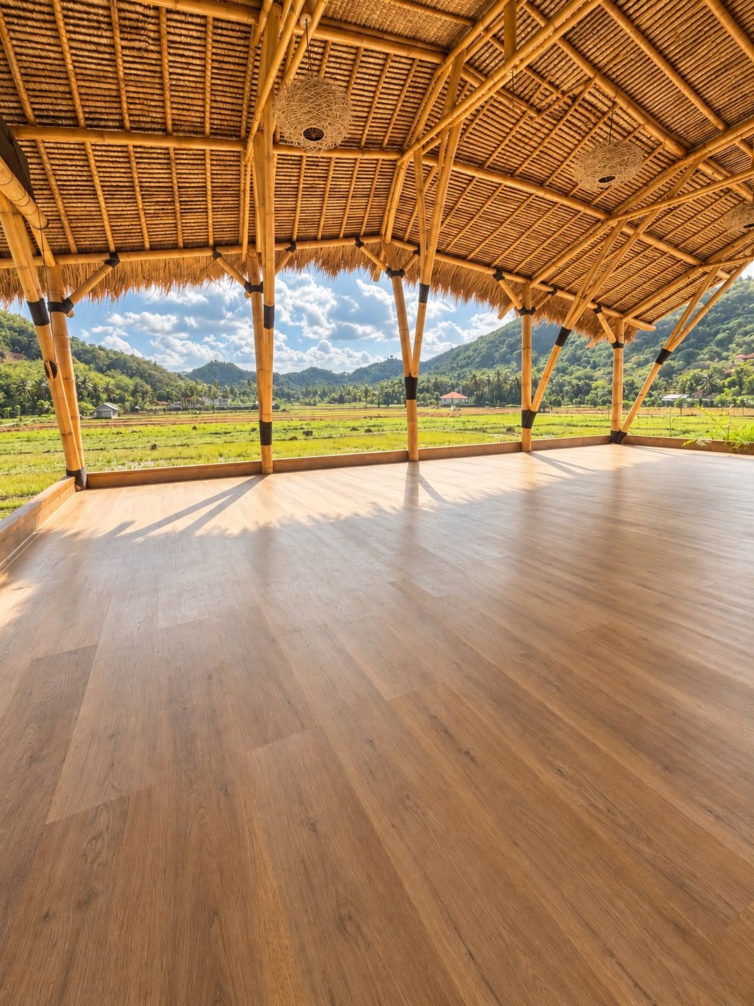 A spacious room with a wooden floor and a thatched roof structure.