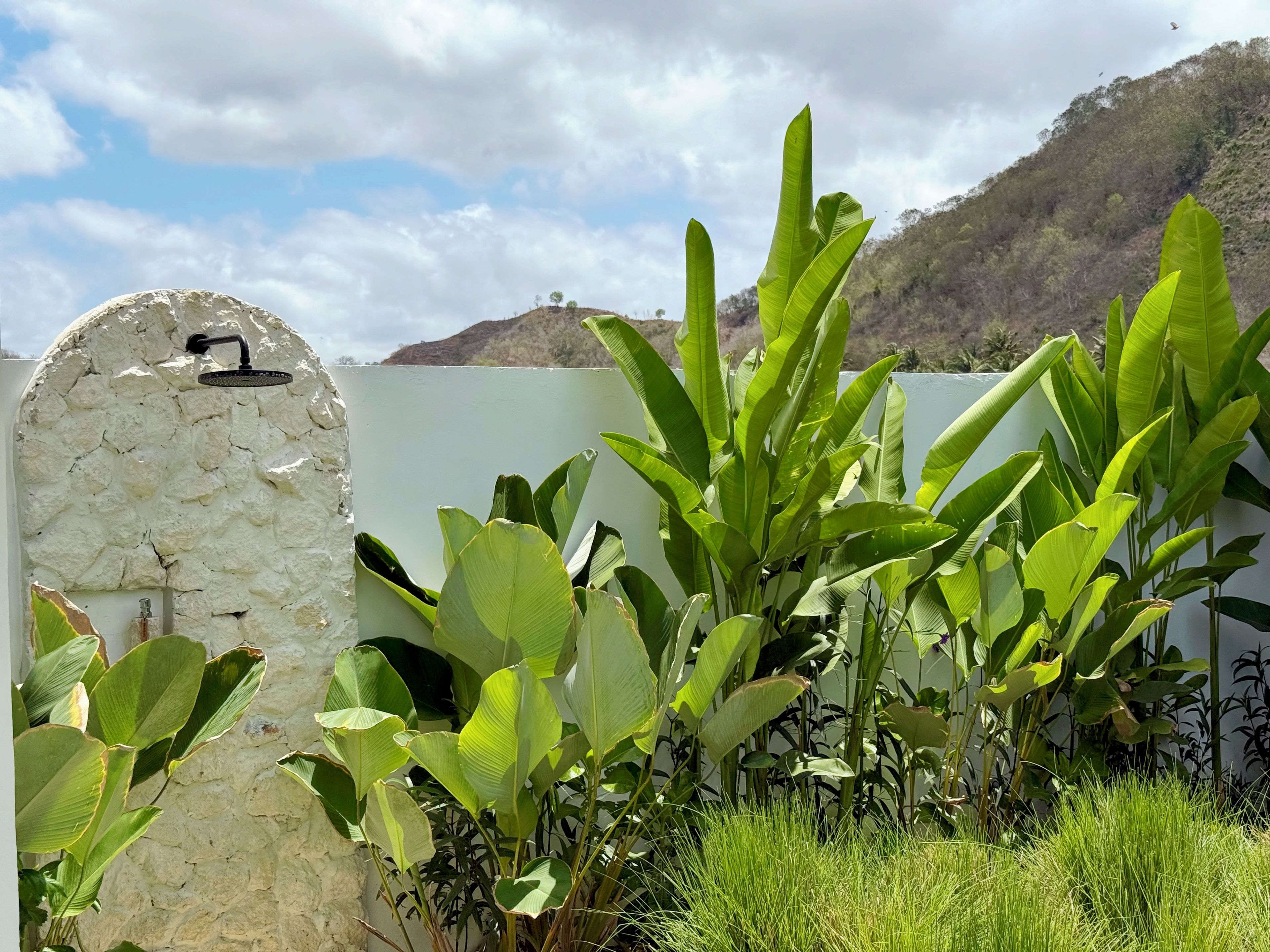 Una pared de piedra con un cabezal de ducha, exuberante vegetación y montañas al fondo.