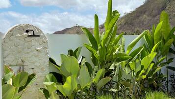Una pared de piedra con un cabezal de ducha, exuberante vegetación y montañas al fondo.