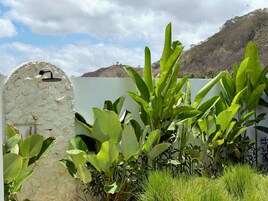 Una pared de piedra con un cabezal de ducha, exuberante vegetación y montañas al fondo.