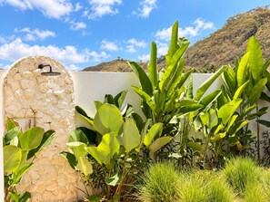A stone wall with a water feature and lush green foliage.