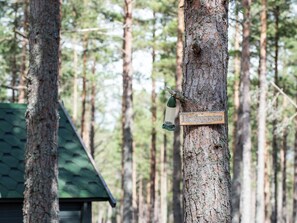 Ein Baum mit einem Vogelfutterhaus und einem Schild mit der Aufschrift 'Imker'.