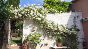 Ein Garten mit weißen blühenden Pflanzen, einer Holzbank und Topfpflanzen vor einer weißen Wand.