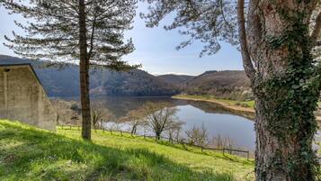 Una vista tranquila de un lago con una estructura de concreto, árboles y un área con césped.
