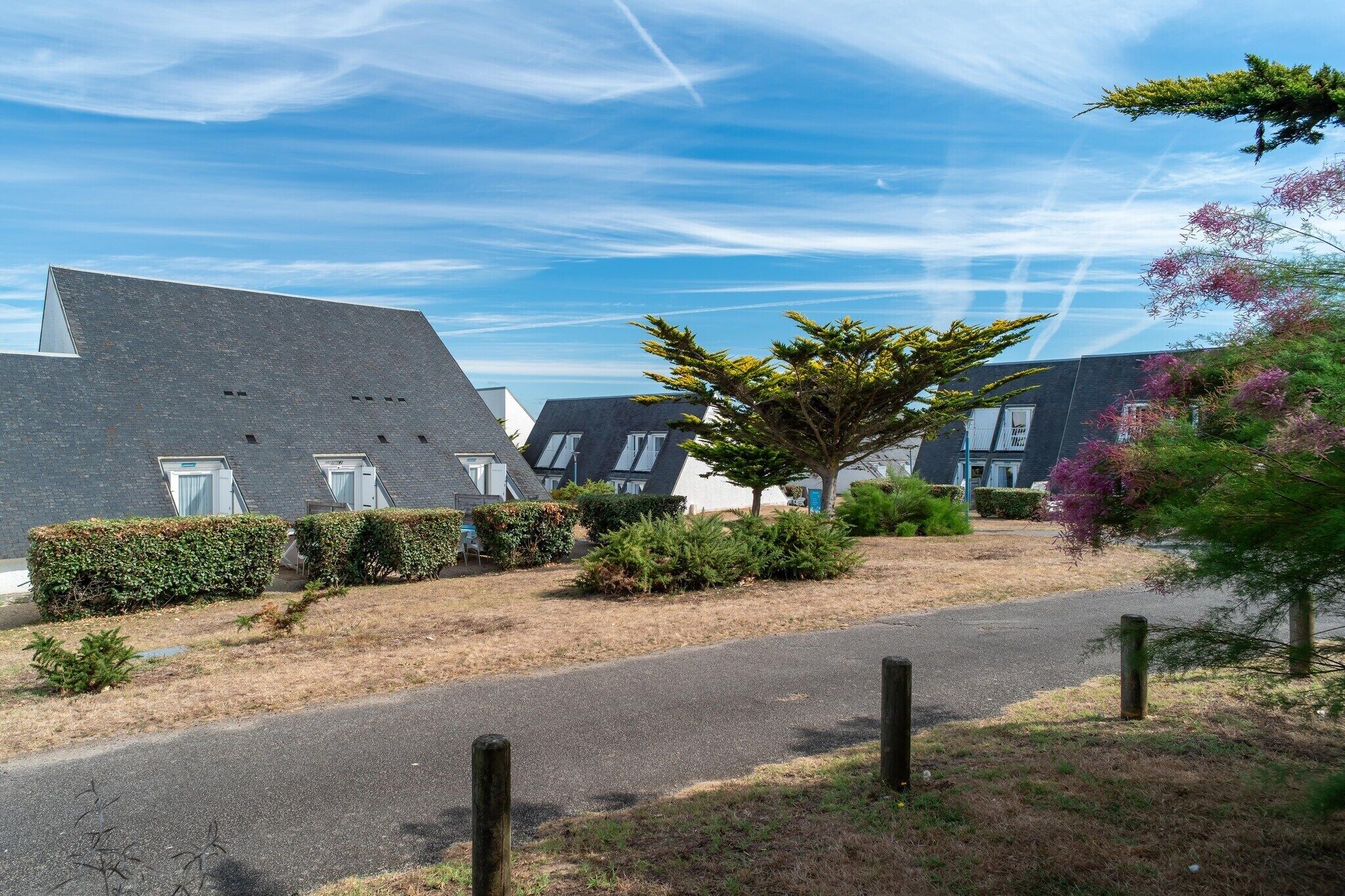 Un quartier résidentiel avec des maisons, une route asphaltée et un ciel dégagé.