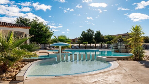 Una piscina dalle linee curve, circondata da palme e un solarium in cemento.