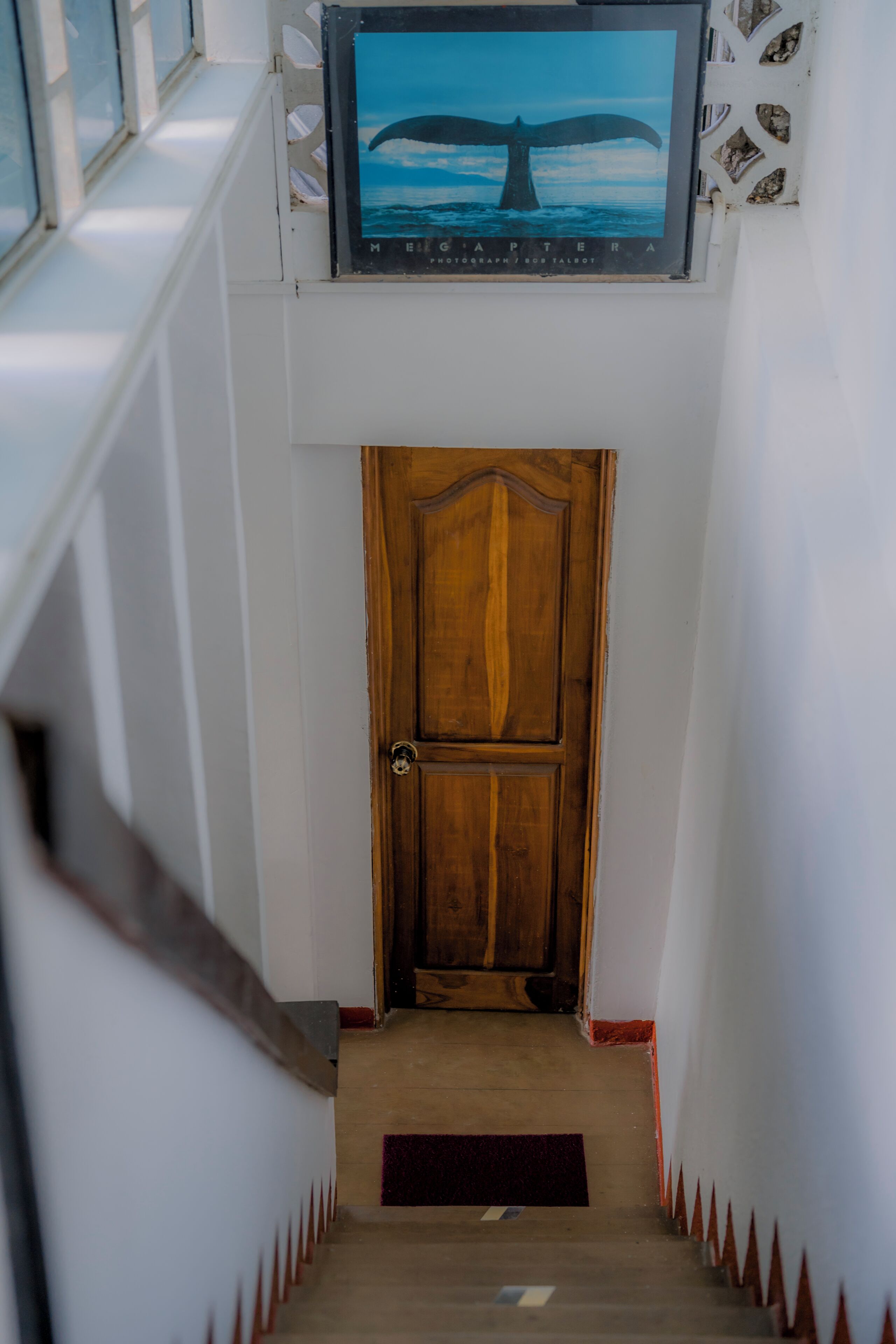 A wooden door at the bottom of a staircase with a framed picture above it.