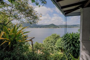 Vista de un lago con montañas al fondo, rodeado de vegetación exuberante.