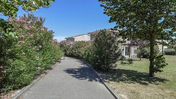 Un sentier bordé d’arbustes et d’arbres en fleurs, qui mène à un bâtiment à la façade beige.
