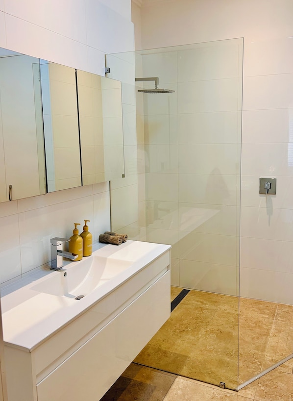 Shower, hair dryer, towels, soap