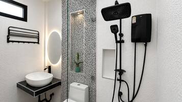 Shower, hair dryer, towels, soap