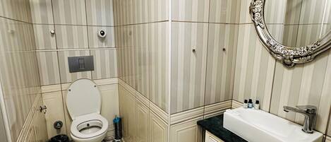 Une salle de bain avec des toilettes, un lavabo et un miroir.