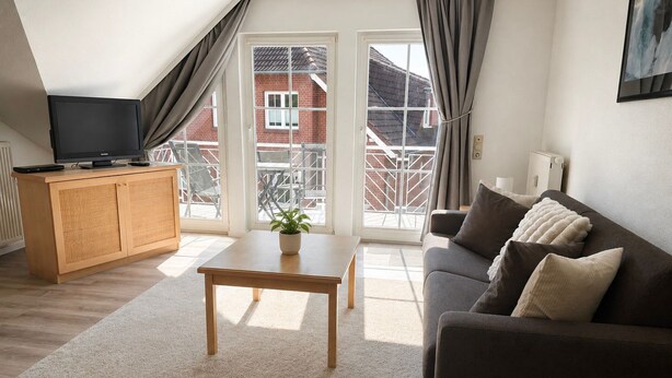 A modern living room with a sofa, a coffee table, a TV on a wooden cabinet, and a balcony with a view of a brick building. - Vacation apartment no. 14 in Neddesitz (Neddesitz)