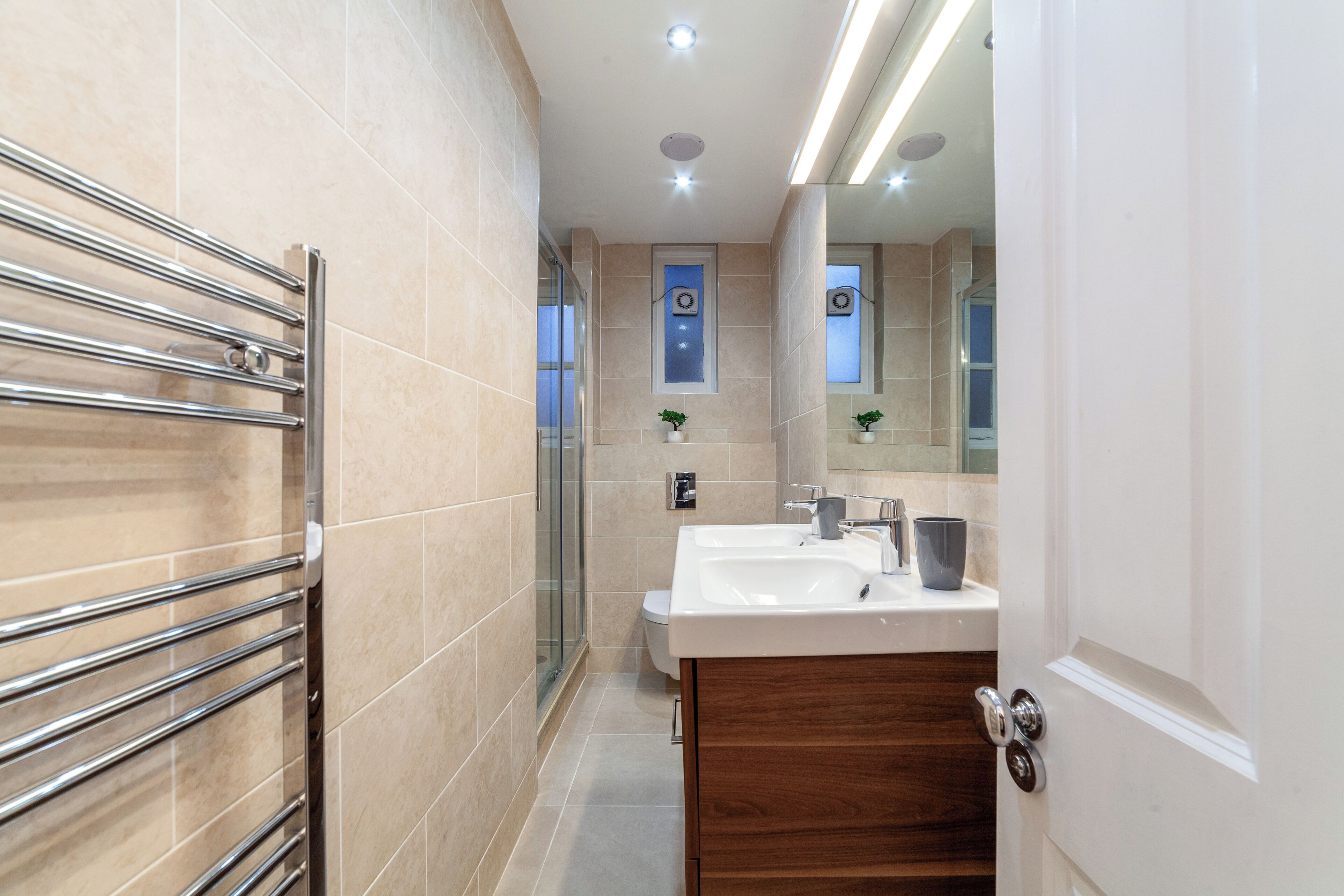 Shower, towels, soap, shampoo