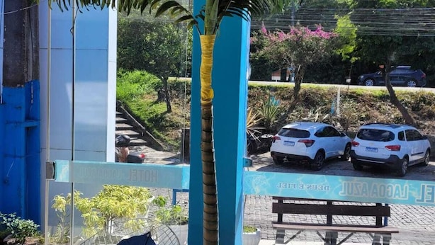 A balcony with a potted plant, a blue chair, and a bench. - HOTEL LAGOA AZUL (Porto Seguro)