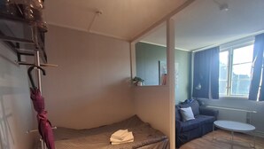 A compact room with a single bed, a small table, a sofa, and a window with curtains.