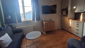 A living room with a sofa, a small table, a TV, and a kitchen area with cabinets and a countertop.