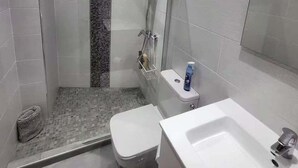 Casa de banho com chuveiro, sanita e lavatório.