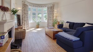 Een woonkamer met een blauwe bank, een open haard, een groot raam met gordijnen en een kroonluchter.