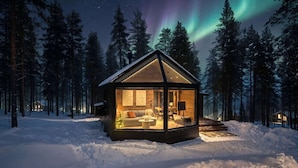 A cabin with a glass front, wooden interior, and a snow-covered forest background.
