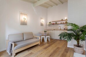 Un interior moderno con sofá, una pequeña mesa de comedor, dos sillas, una zona de cocina y una planta en maceta.