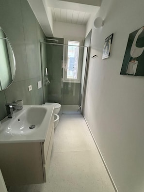 Hair dryer, bidet, towels, soap