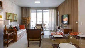 A modern living room with a sofa, dining table, and chairs, a TV, and a balcony with curtains. - Gustavo Funchal (Florianópolis)