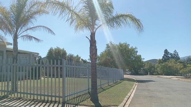 A residential area with a fenced yard, palm trees, and a clear sky. - H&L Self-catering Accommodation (Bonnievale)