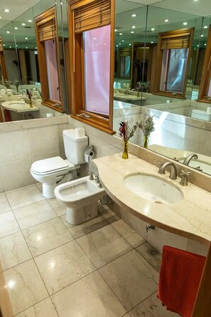 Regadera, secadora de cabello, bidet, toallas 