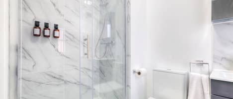 Shower, hair dryer, towels, soap