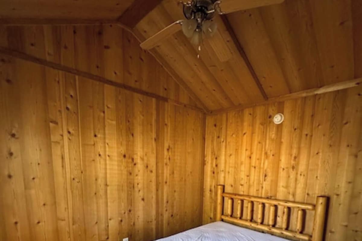 A wooden room with a single bed, a ceiling fan, and wooden walls.