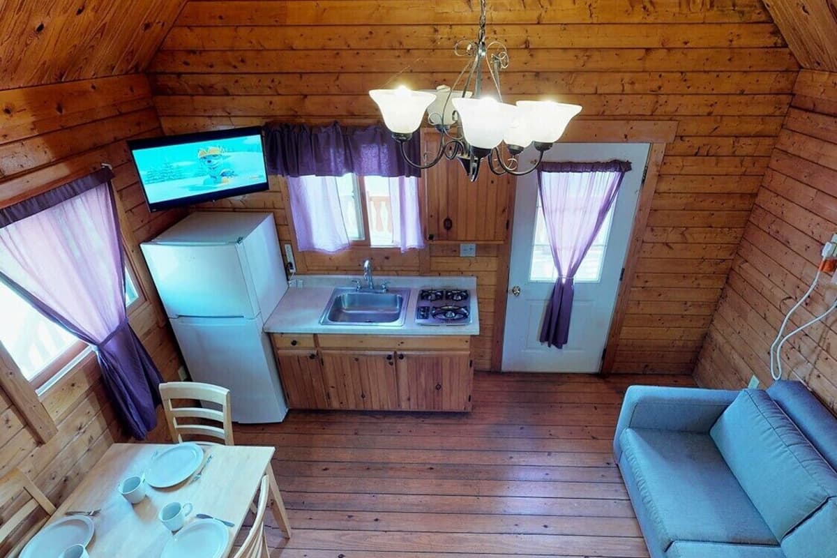 A compact wooden cabin with a kitchenette, a dining area, and a sofa.