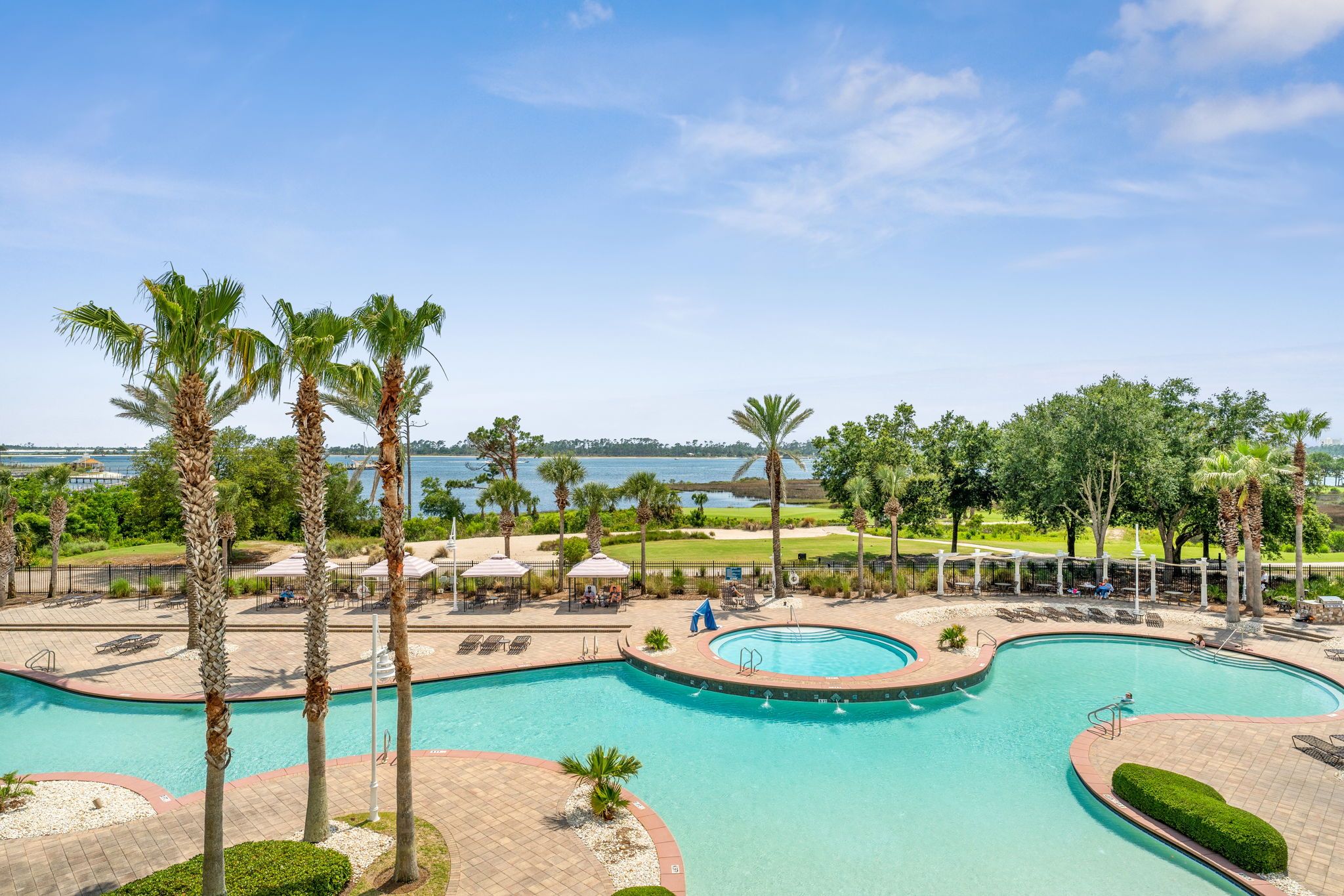 A swimming pool with palm trees and a view of the water.