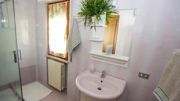 Un baño con ducha, lavamanos, espejo y una planta en maceta.