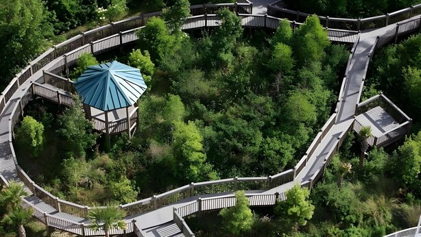 Luchtbeeld van een park met een rond pad, een kiosk en een klein gebouw.