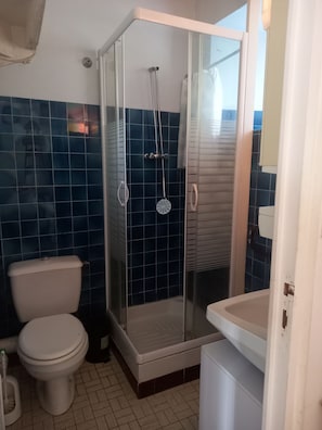 A bathroom with a glass-enclosed shower, a toilet, and a sink.