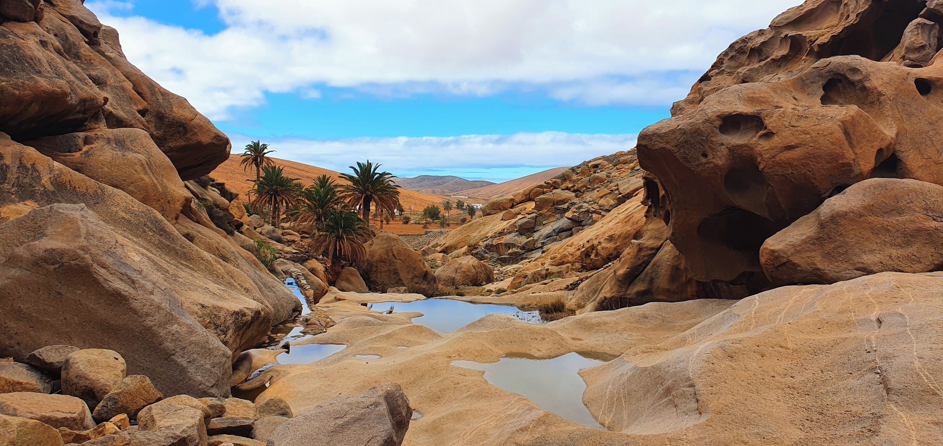 A rocky landscape with a narrow water channel, palm trees, and distant hills.