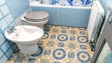Bidet, towels, soap, toilet paper