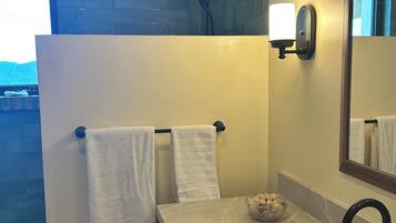 Shower, hair dryer, towels, soap