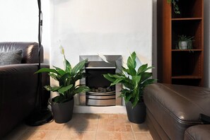 A living room with a fireplace, two potted plants, a leather sofa, and a wooden bookshelf. - Full House 2 Bedrooms, 2 Bathrooms, Near Tube st (London)