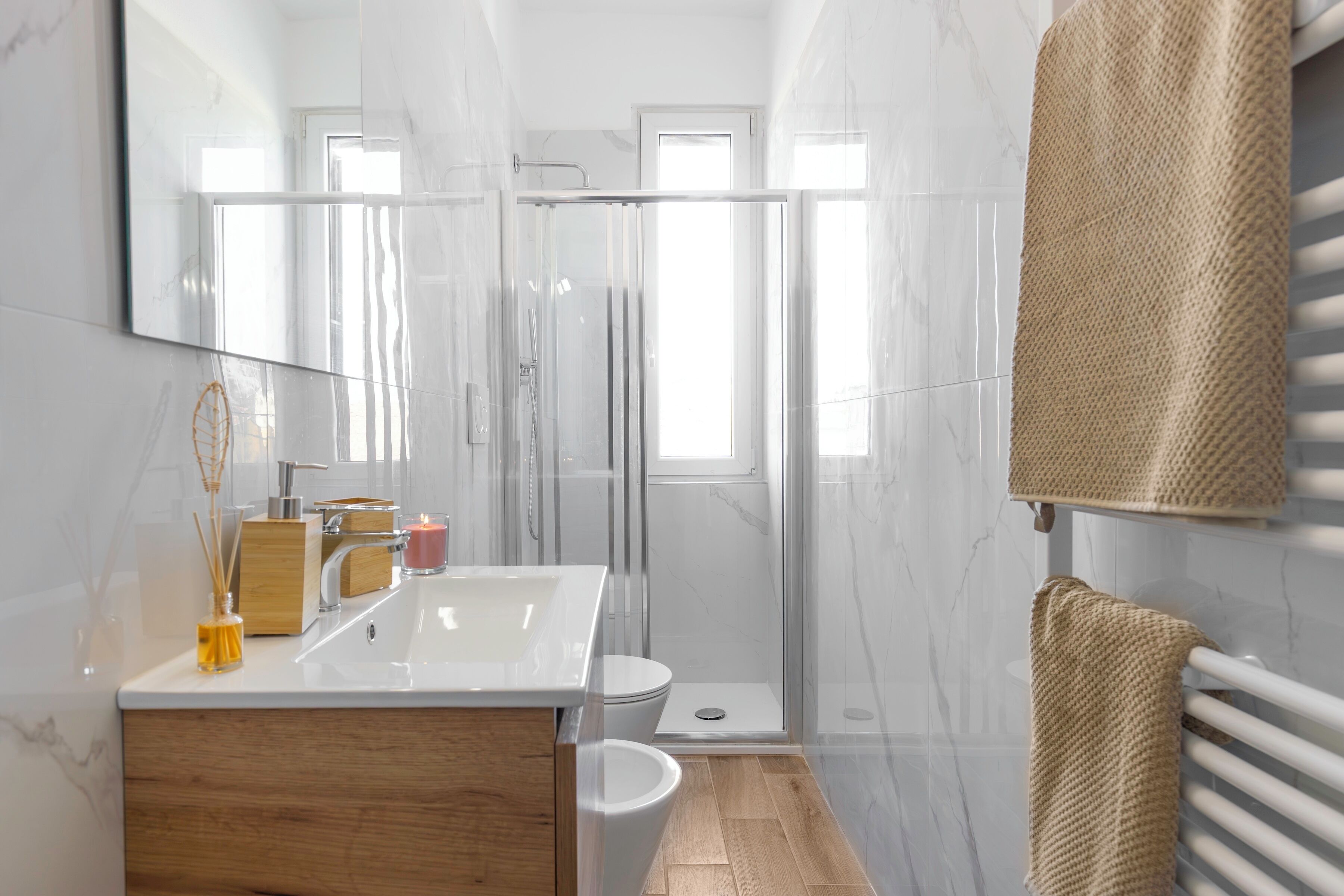Shower, hair dryer, bidet, towels