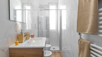 Shower, hair dryer, bidet, towels