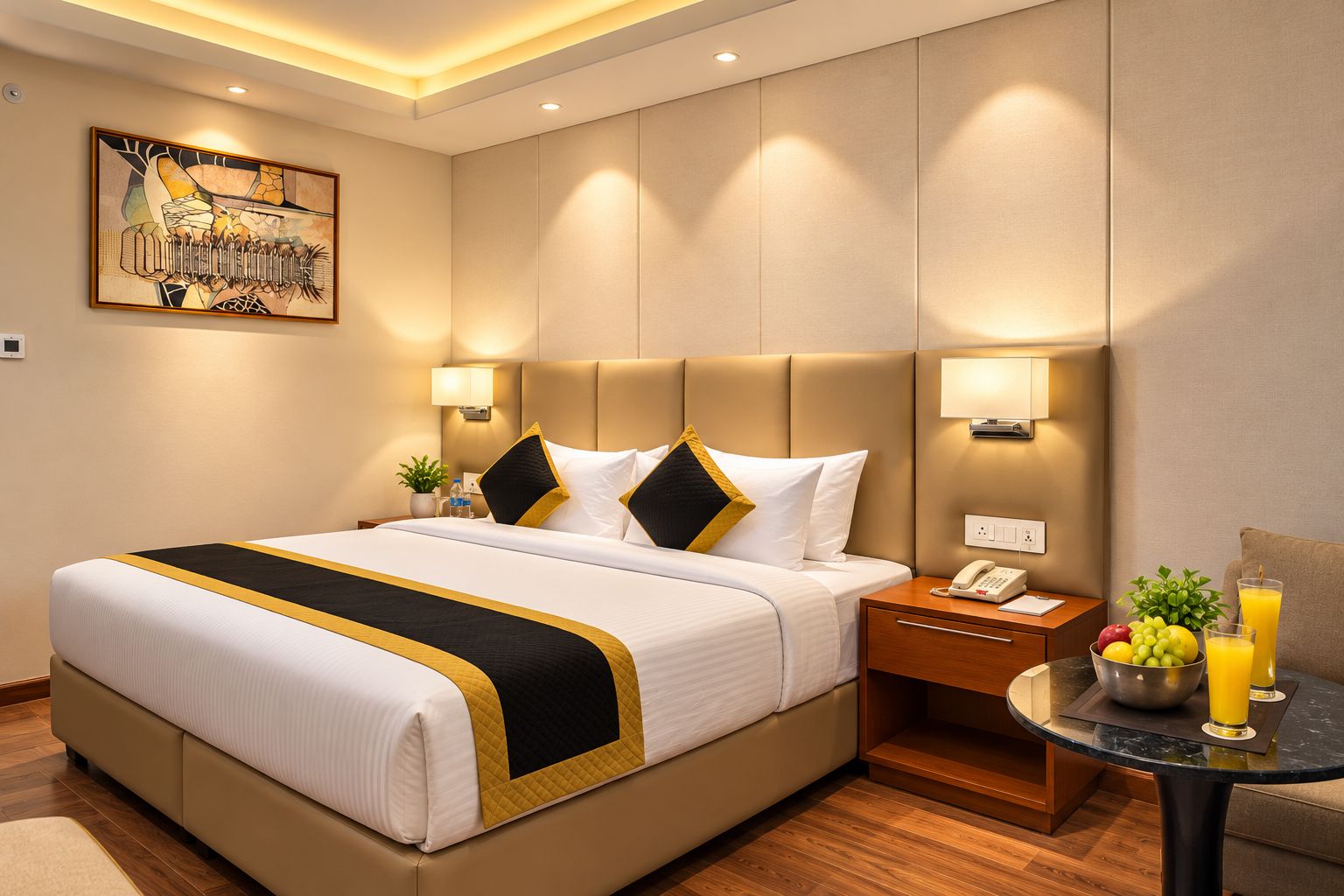 Habitación de hotel con una cama grande, mesitas de noche, una pequeña mesa con fruta y bebidas, y un cuadro en la pared.