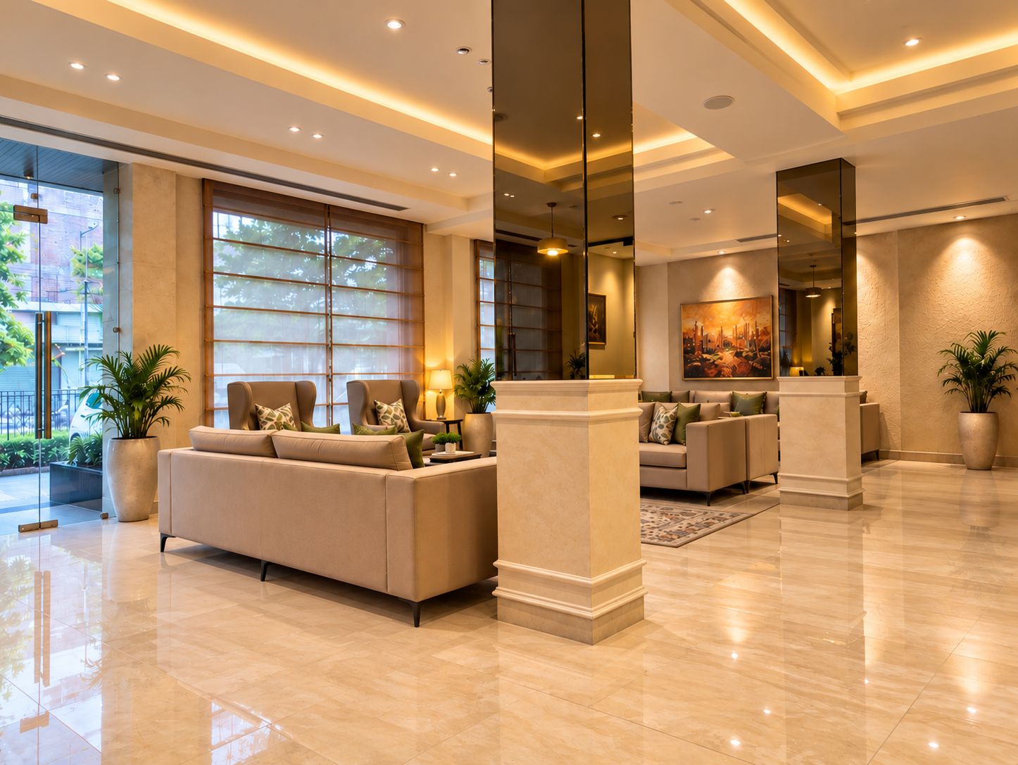 A spacious lobby with a large sofa, a coffee table, and a potted plant.