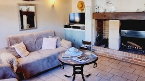 A living room with a sofa, a coffee table, a fireplace, a television, and a mirror. - Charming house, pets welcome - 4 guests (PREMONT)