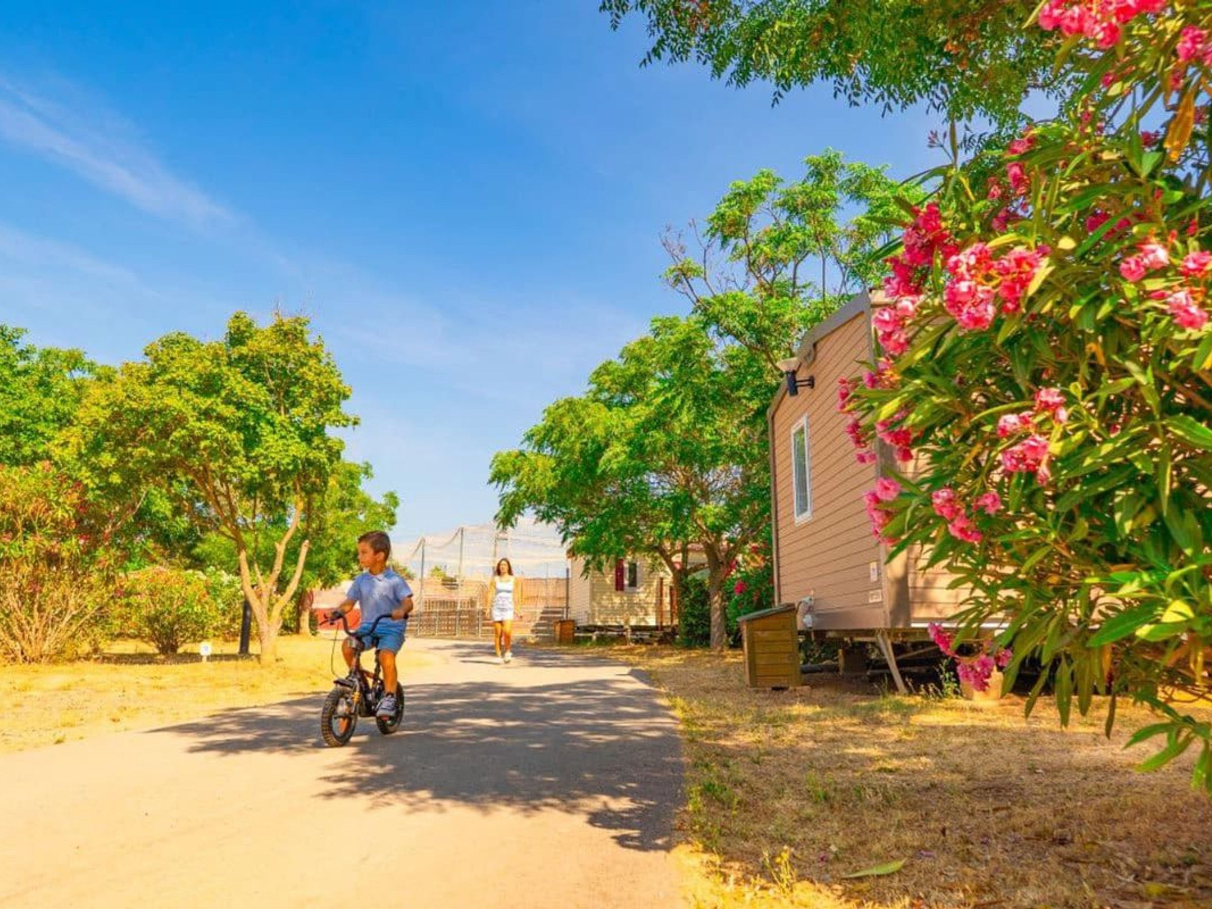 A pathway leading to a mobile home with a child riding a tricycle, surrounded by greenery and trees.