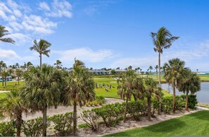 A golf course with a water body, palm trees, and a clubhouse.