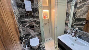 Shower, bidet, towels, soap