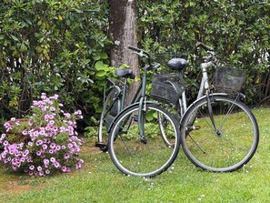 Ein Fahrrad, das neben einem Baum und einem Blumenbeet abgestellt ist.